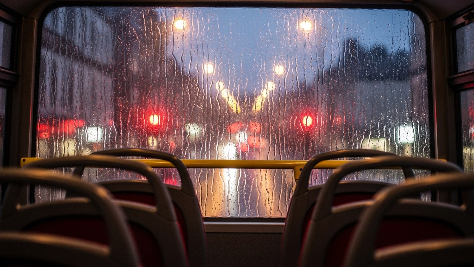 A red double-decker bus at a rainy stop at dusk