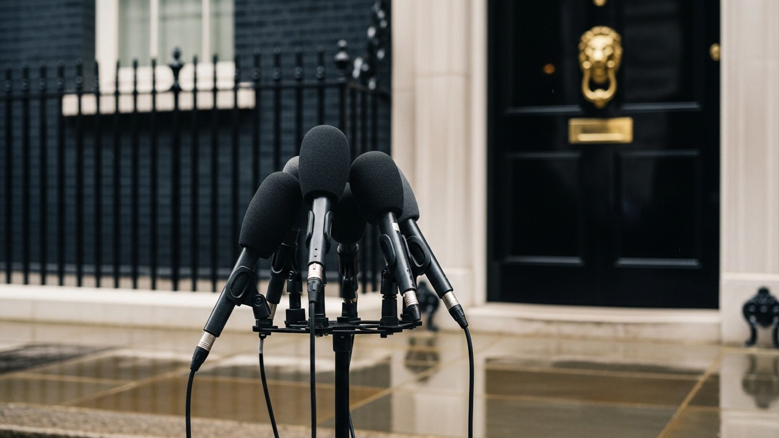 Broadcast microphones clustered before a black Georgian front door on a wet London street