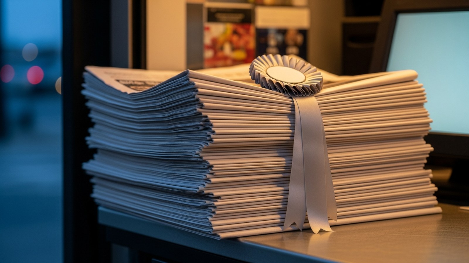 A stack of newspapers on a kiosk counter with a silver rosette on top