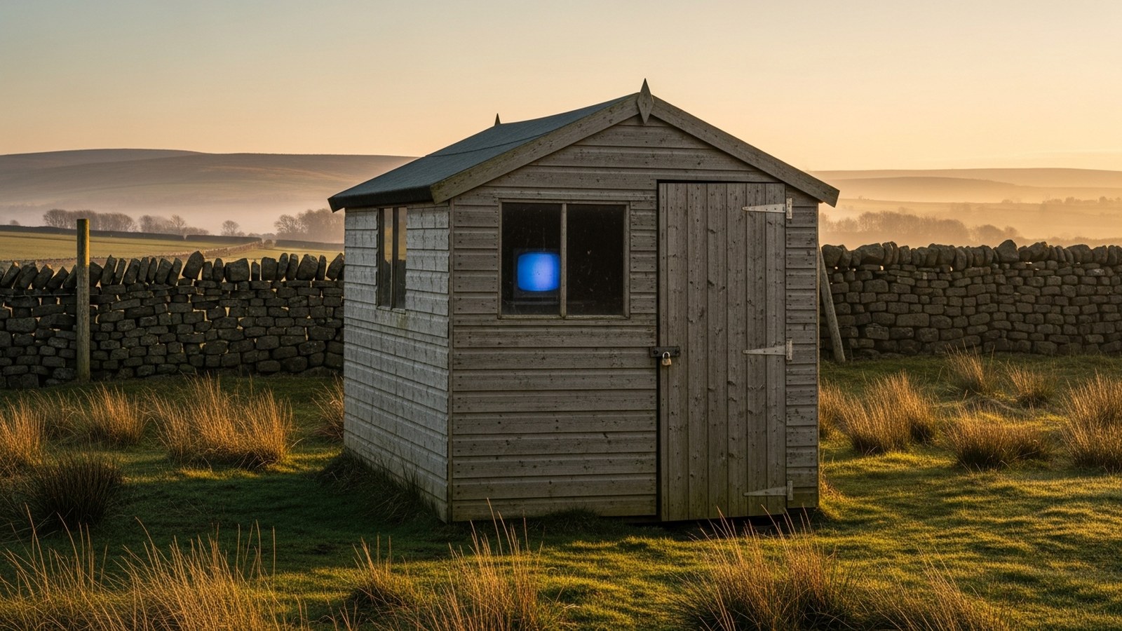 A padlocked wooden shed in a Yorkshire field at golden hour, a faint blue cathode-ray glow visible in its window
