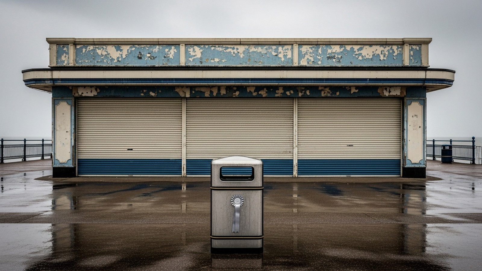A litter bin wearing a silver rosette stands on a wet promenade in front of a shuttered seaside amusement arcade