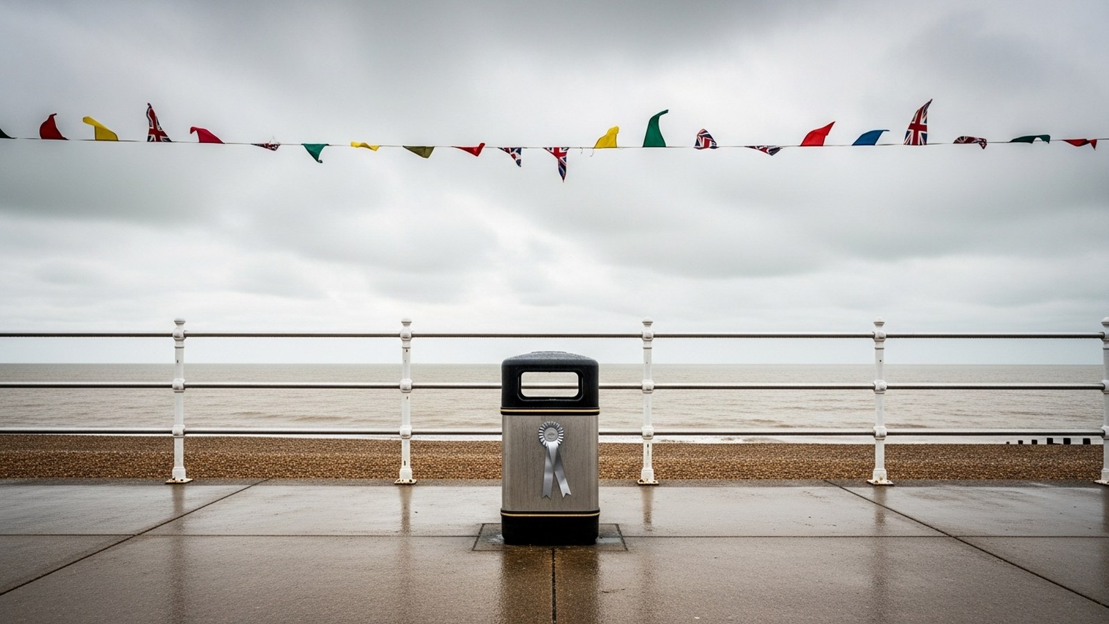 A litter bin wearing a silver rosette stands alone on a grey British seaside promenade under bunting and an overcast sky