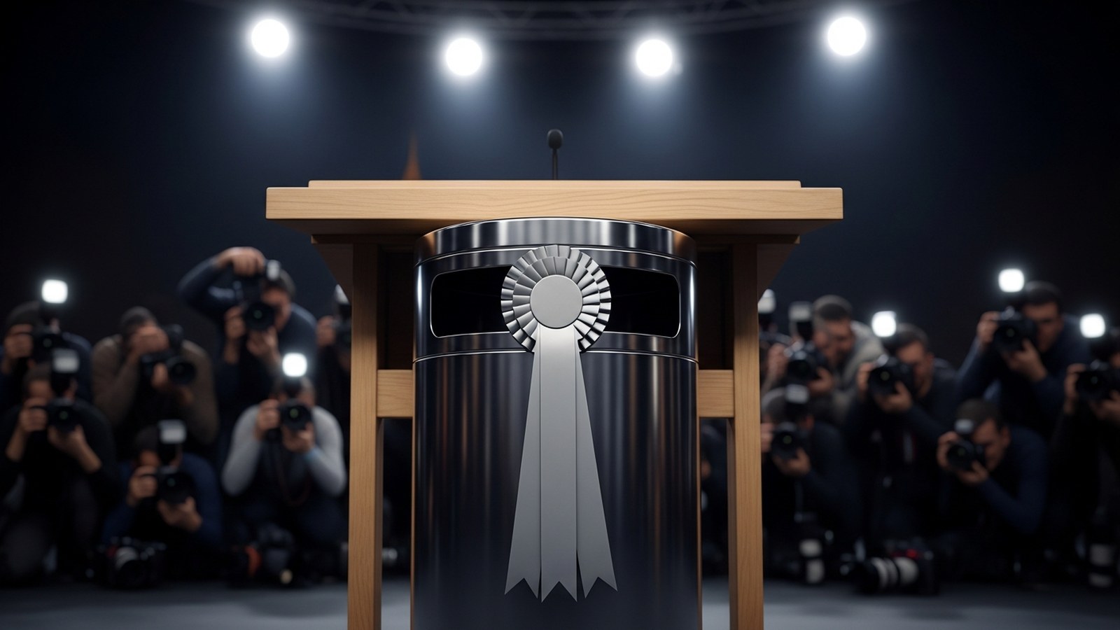 A stainless steel bin wearing a plain silver rosette stands behind a wooden lectern at a press conference as photographers' flashes go off