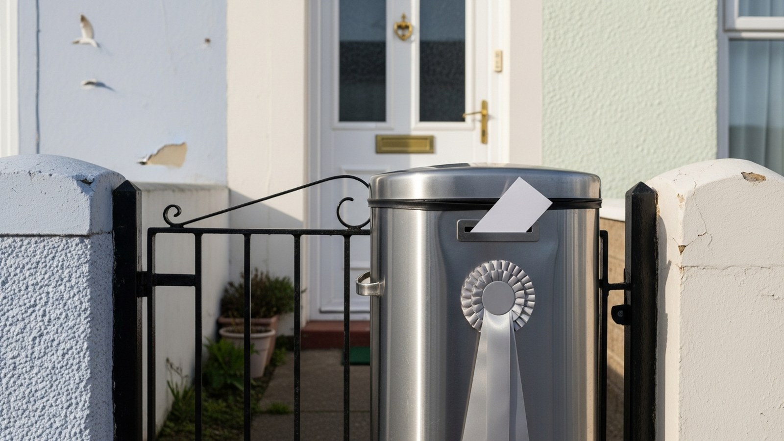 A polished steel bin with a silver rosette at the garden gate of a seaside terraced house, a white card protruding from its letter slot
