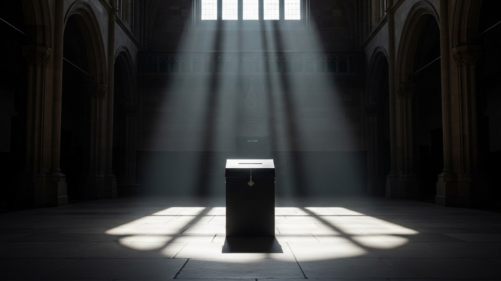 A single ballot box alone on a stone floor in a dim hall, lit by a shaft of daylight