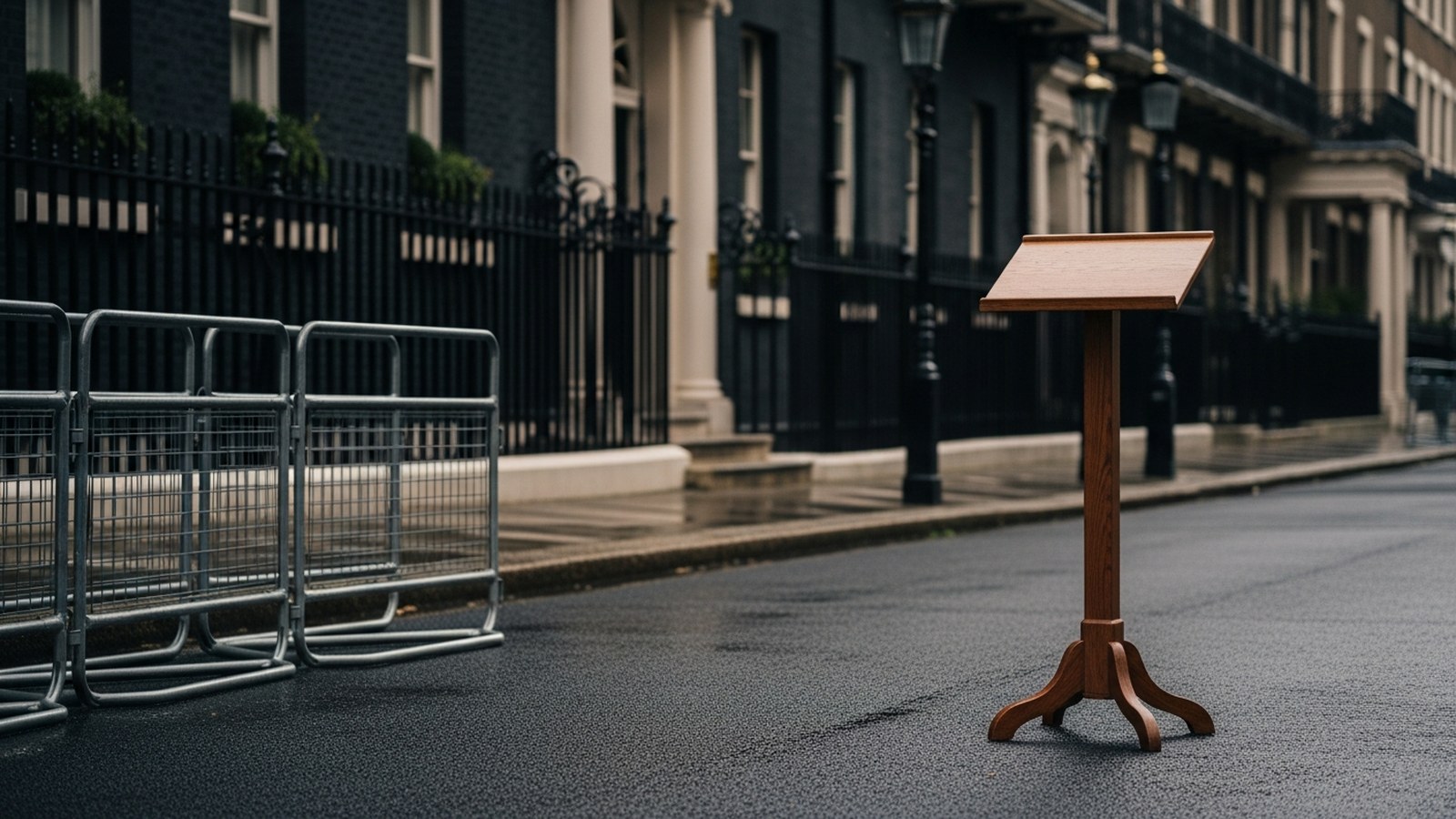 An empty lectern on a wet street of dark Georgian townhouses
