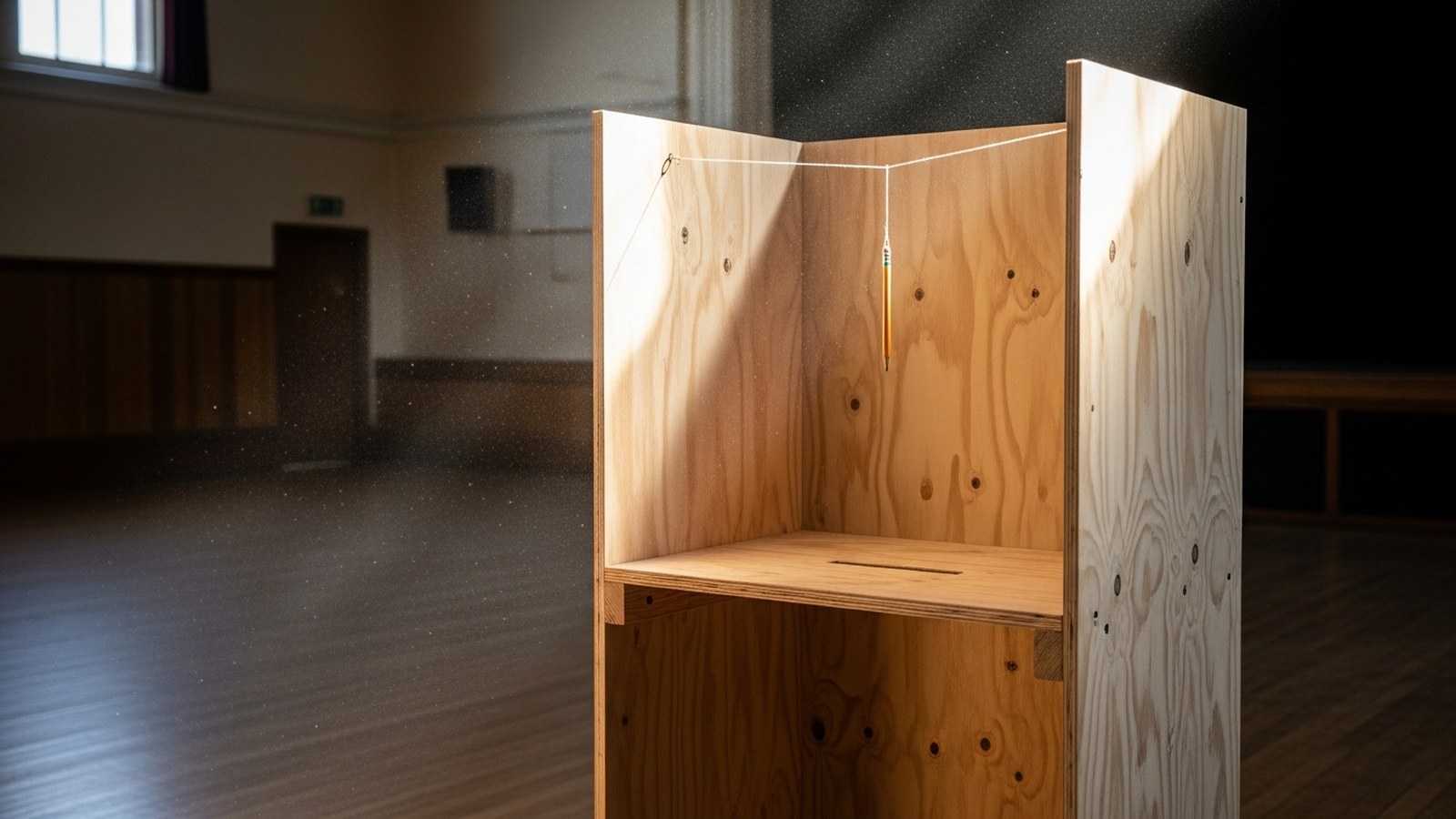 An empty polling booth in a community hall, pencil on a string