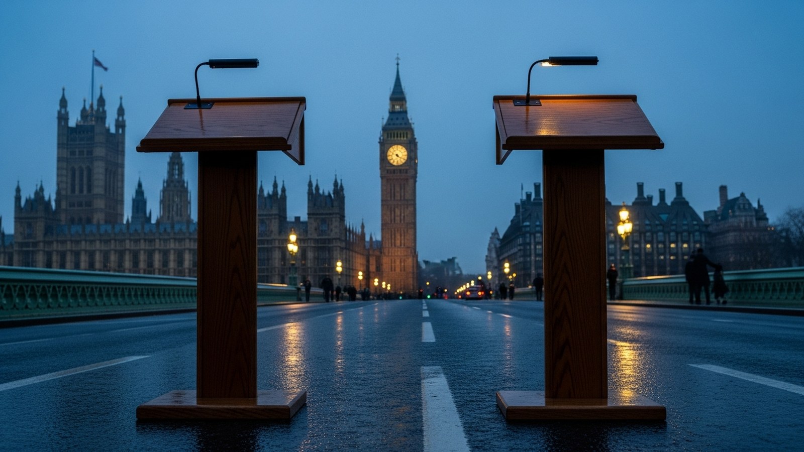 Two empty lecterns facing each other across a wet London street at dusk, Westminster behind