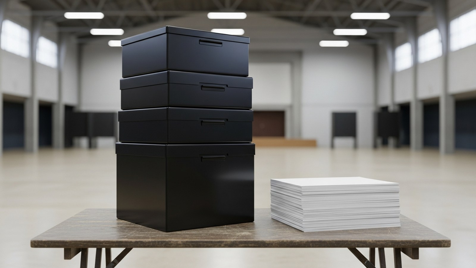 Ballot boxes stacked on a table in a municipal hall