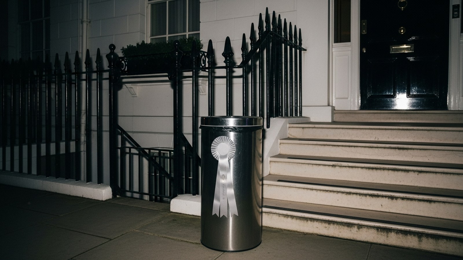 A flash-lit paparazzi photograph of a steel bin wearing a silver rosette outside a grand Georgian townhouse at night