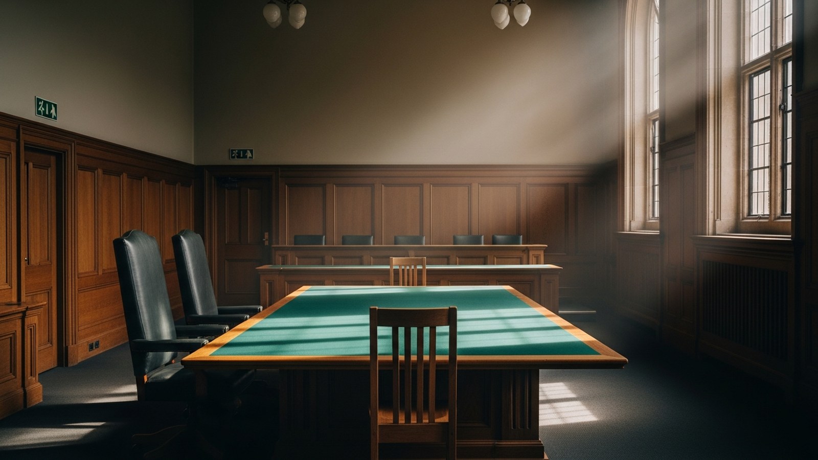 Empty wood-panelled committee room with green baize table and a single witness chair