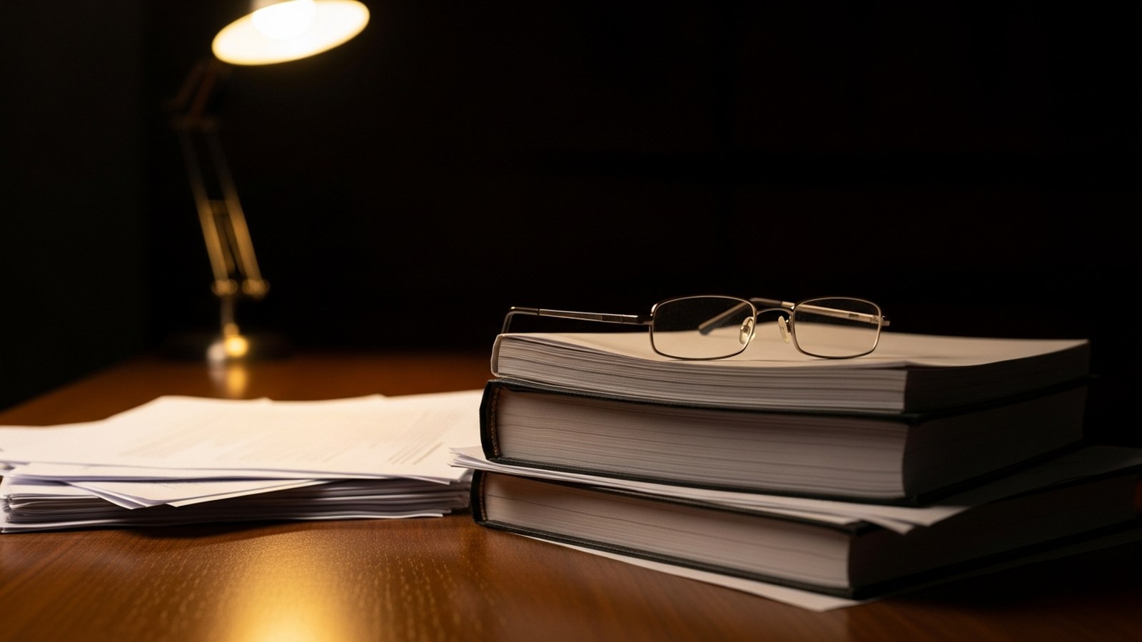 A stack of official reports under a desk lamp on a committee-room table
