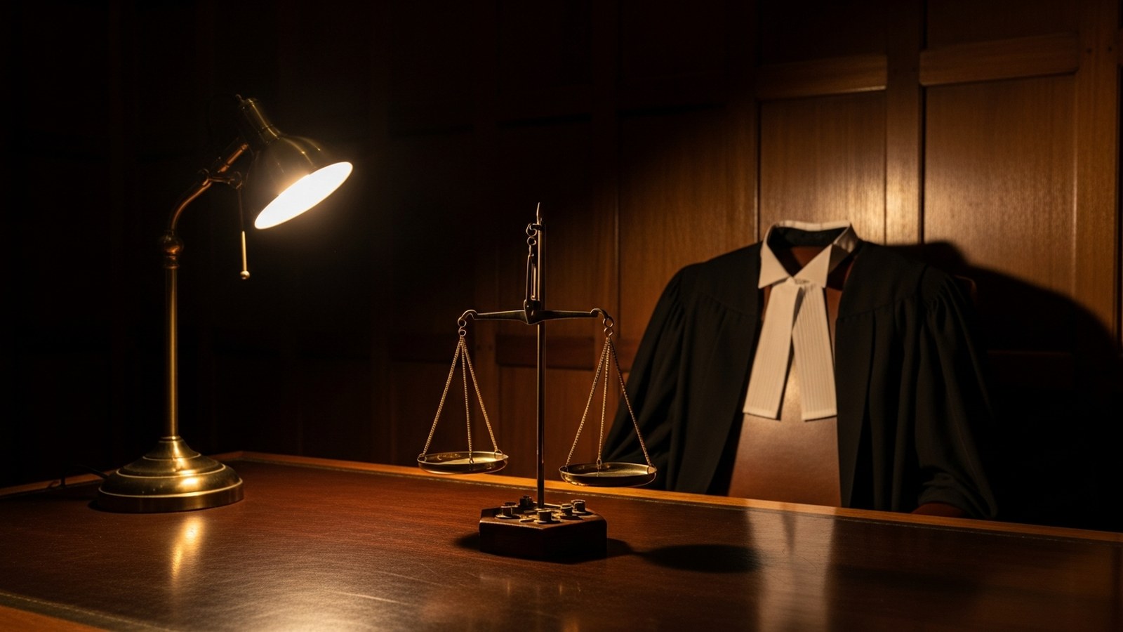 Brass scales of justice on a desk in dark chambers