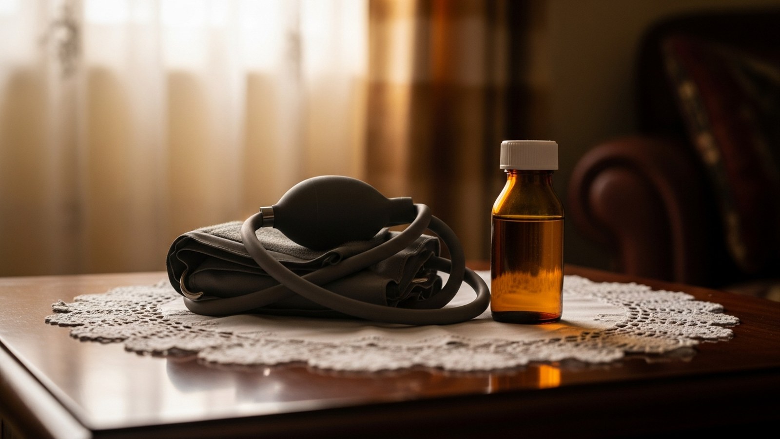 A blood-pressure monitor and medicine bottle on a lace doily