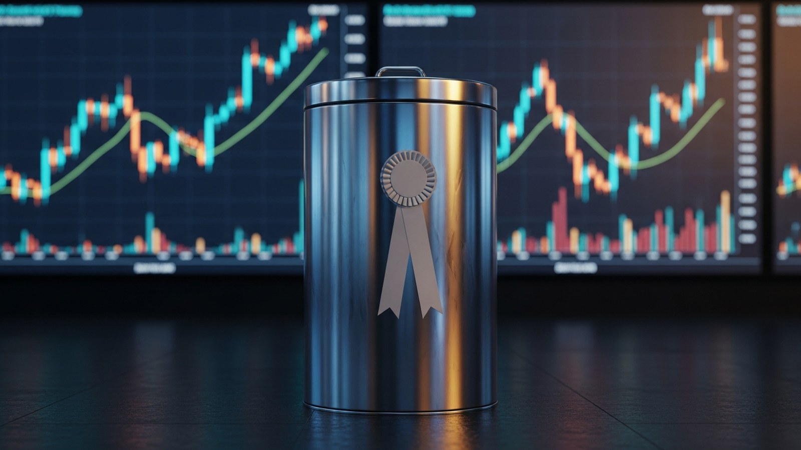 A steel bin wearing a silver rosette on a dark trading floor, rising market charts glowing on screens behind it