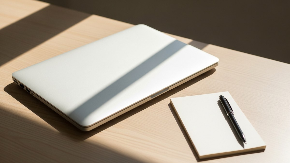 Closed laptop and blank notepad on a wooden desk — UK Making Tax Digital for Income Tax explainer.