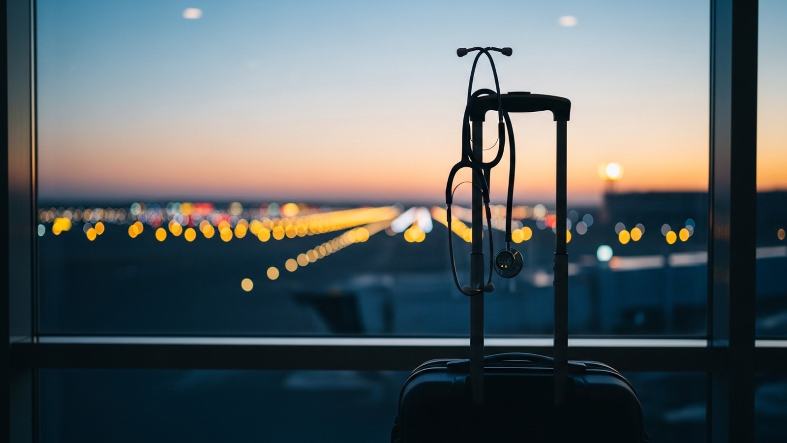 A stethoscope on a suitcase handle at an airport window at dusk