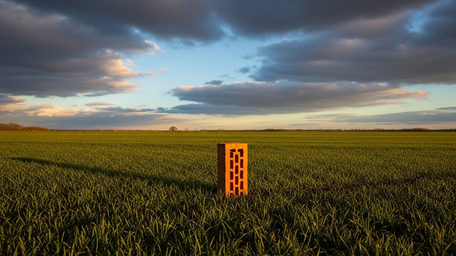 A single red brick upright in an empty green field under a big sky