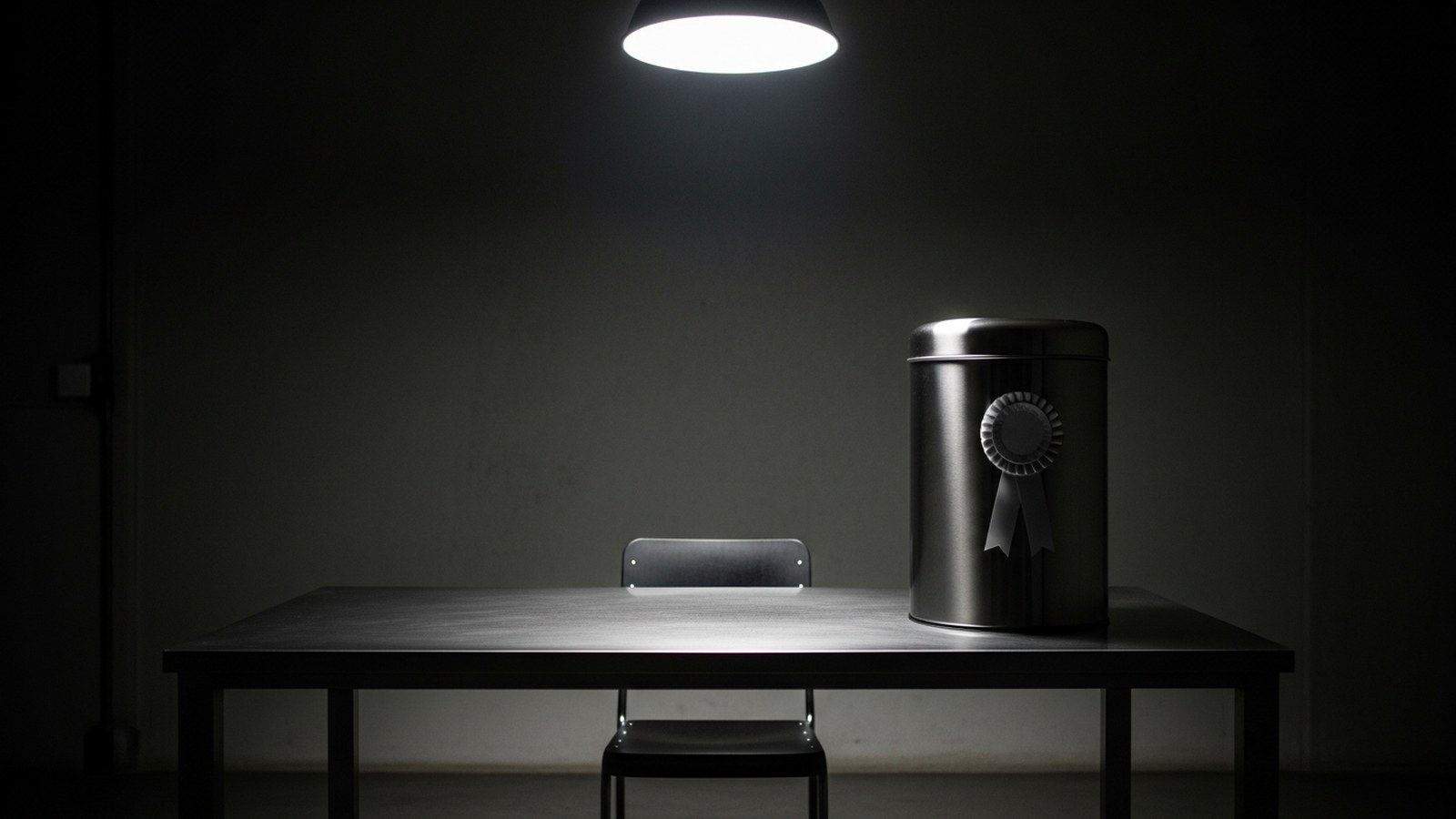 A steel bin wearing a silver rosette on an interrogation-room table under a single harsh lamp