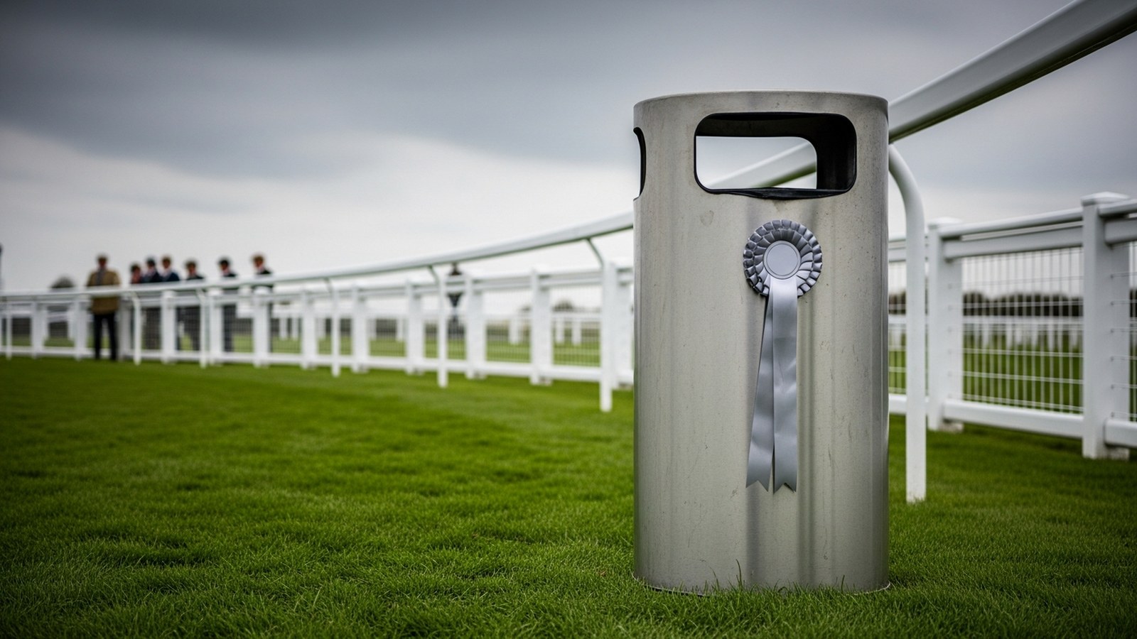 A steel bin wearing a silver rosette on racecourse turf beside white railings under an overcast sky