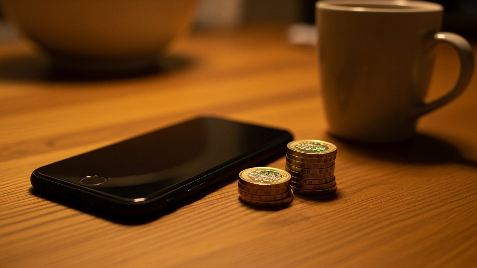 A smartphone with a glowing screen beside pound coins and a mug of tea on a kitchen table