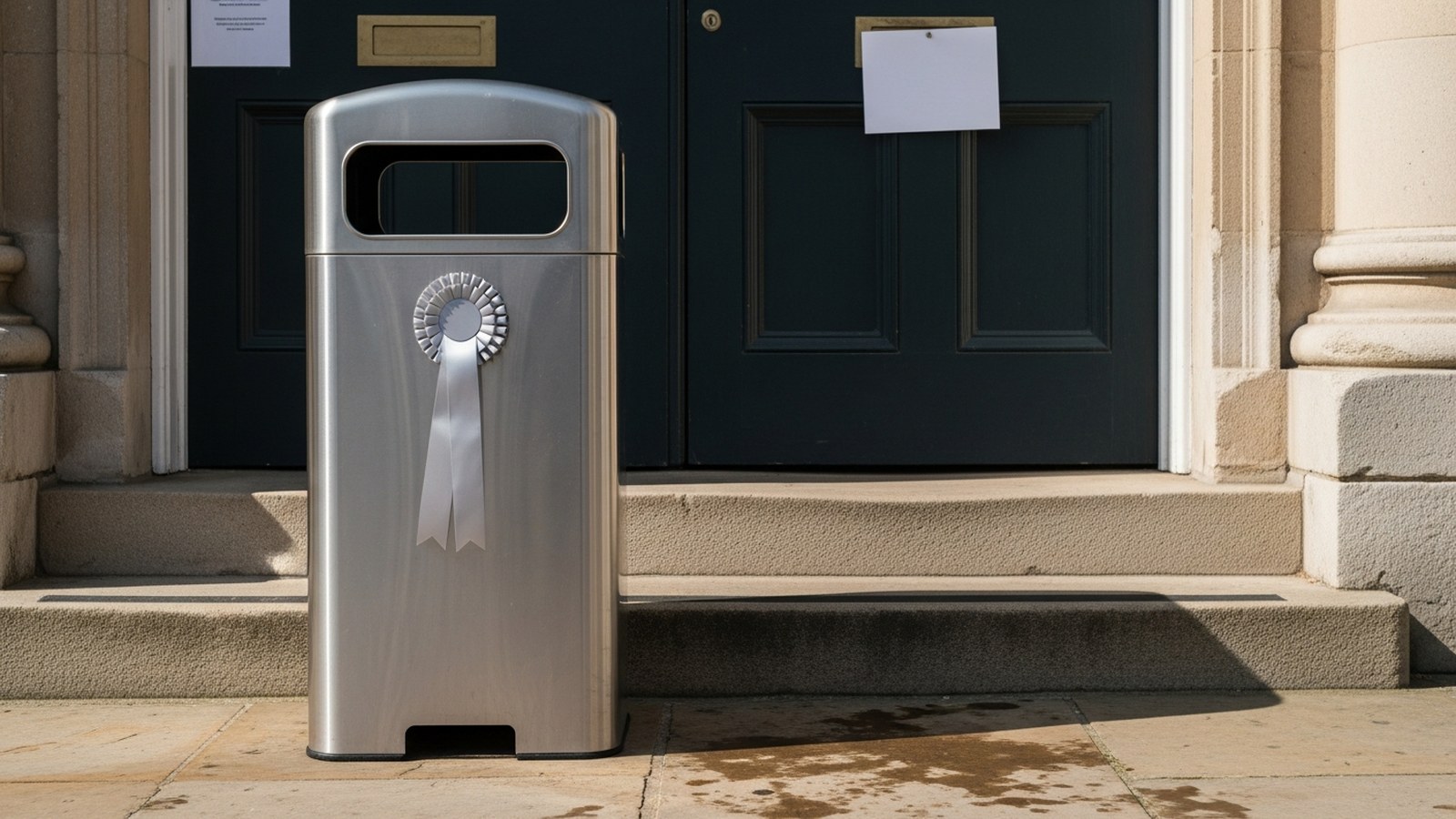 A steel bin with a silver rosette before the closed doors of a town hall