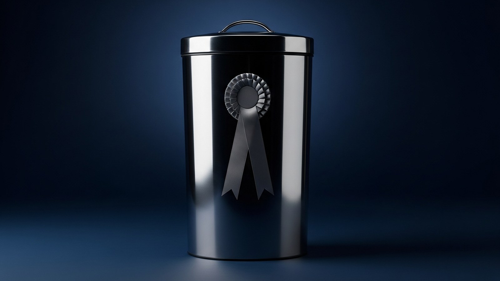 Official campaign portrait of a polished steel bin wearing a plain silver rosette against a navy backdrop