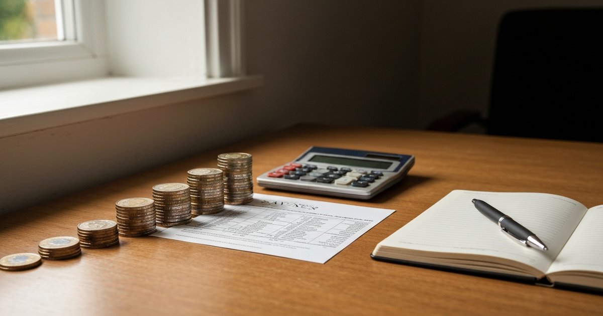 Pound coin stacks, savings statement and calculator on a wooden desk