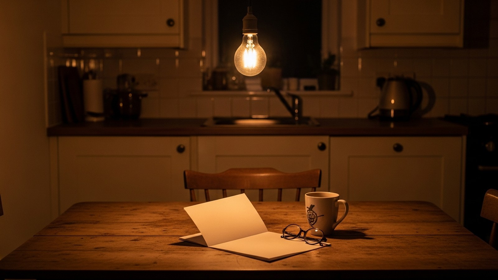 A bare filament bulb glowing above a kitchen table with a folded paper bill and a mug of tea