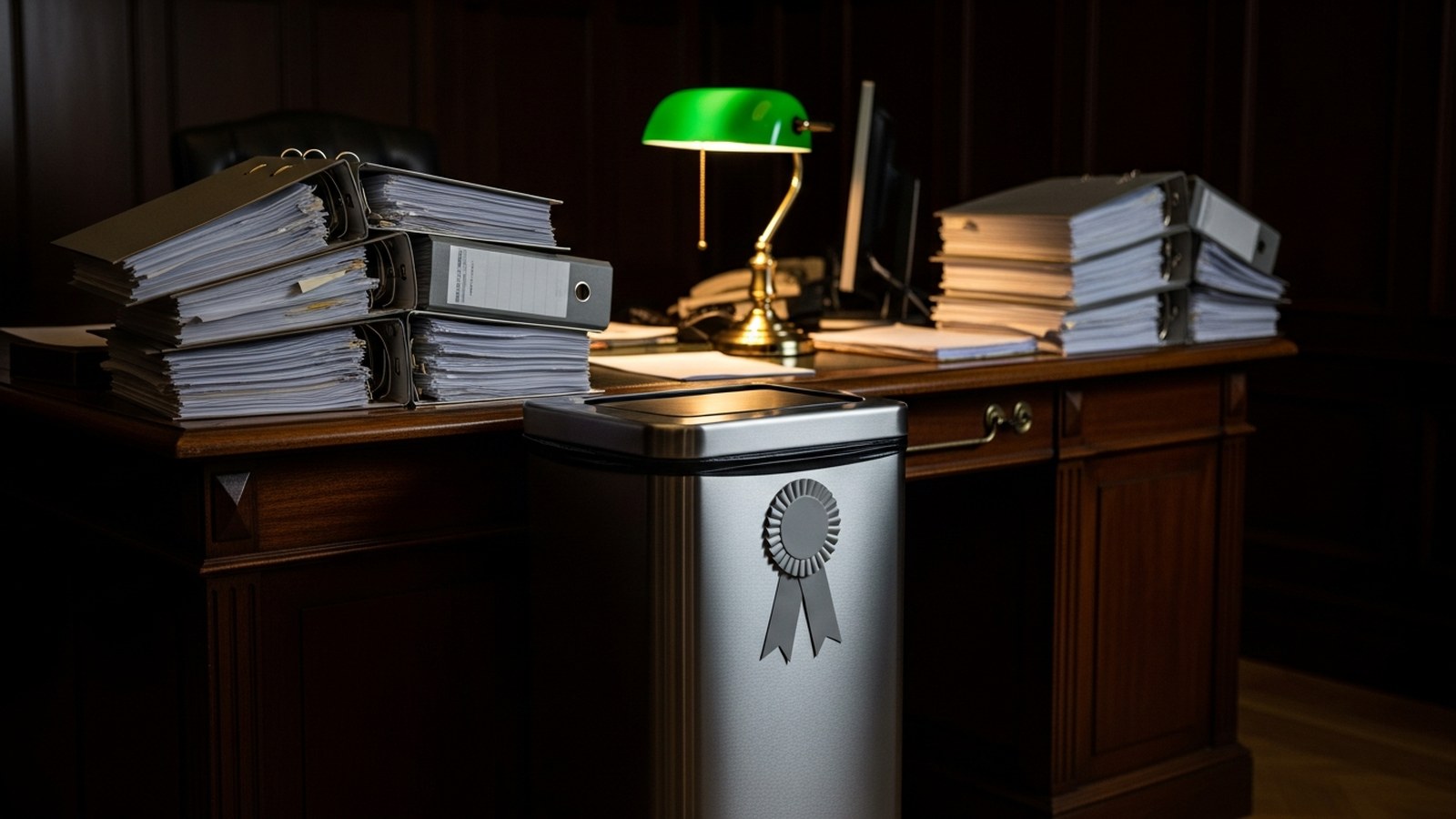 A steel bin wearing a silver rosette beside a mahogany desk stacked with ring binders under a green banker's lamp