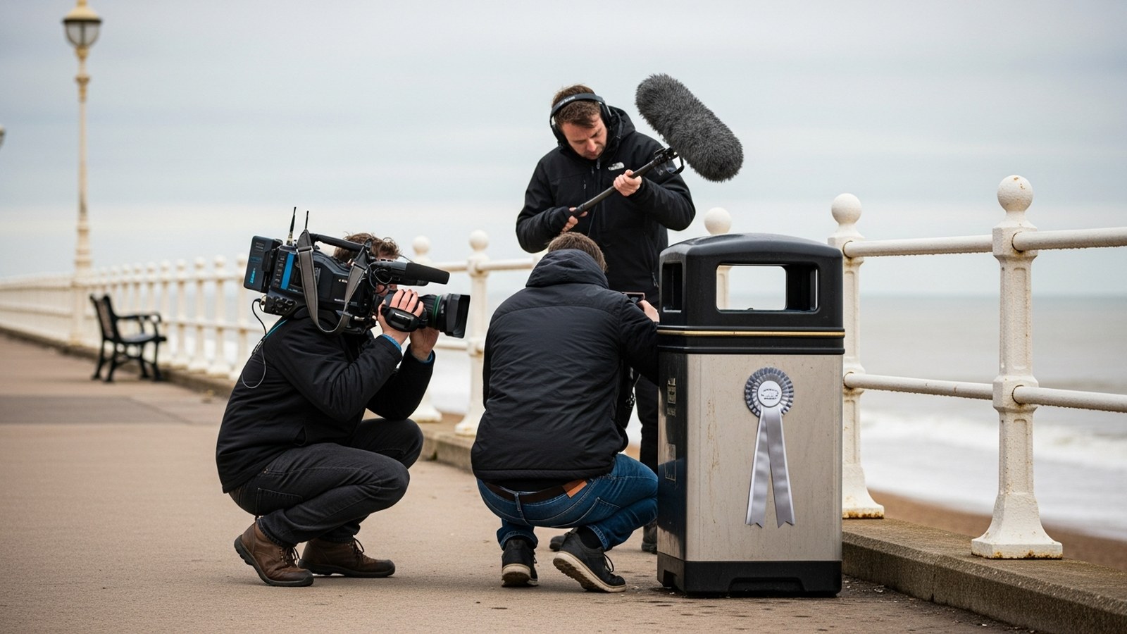 A TV crew films a municipal litter bin wearing a silver rosette on Clacton seafront