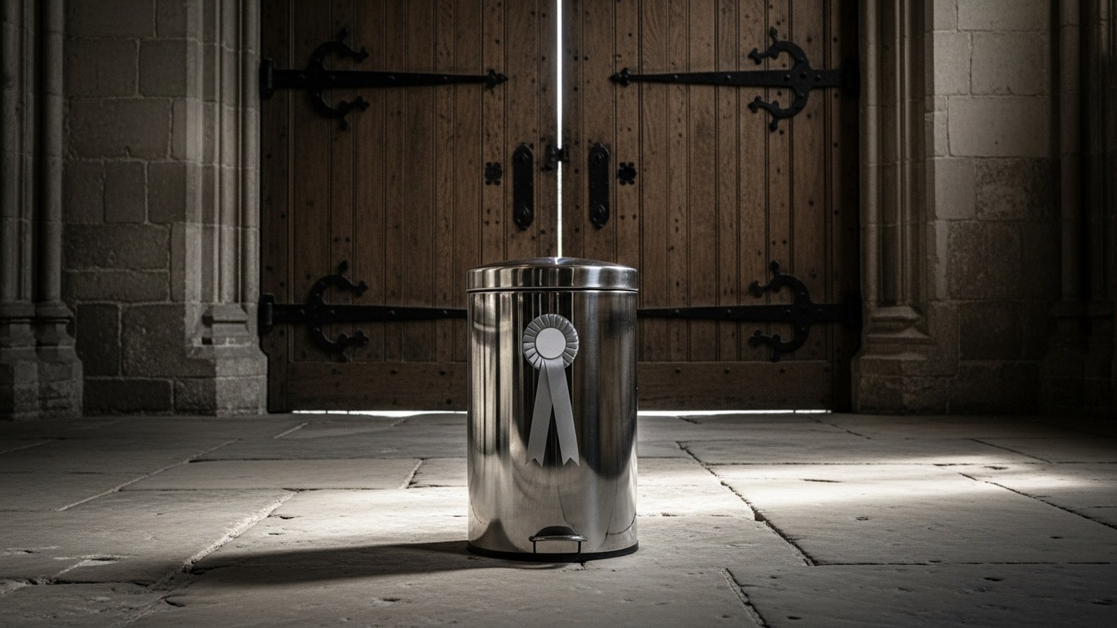 A steel bin wearing a silver rosette before enormous closed medieval oak doors in a gothic stone hall