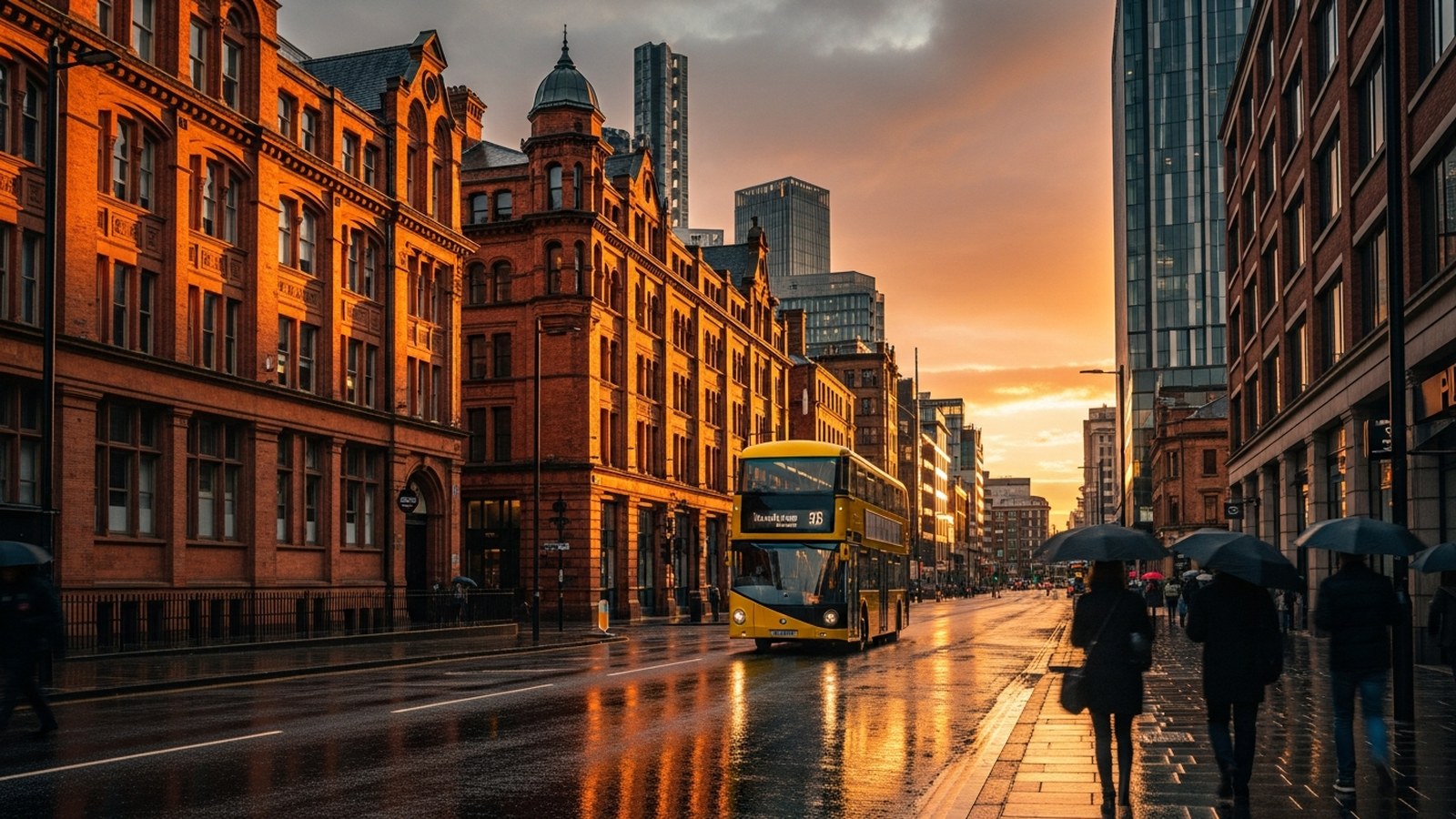 A yellow double-decker bus crossing a rainy Manchester street at golden hour