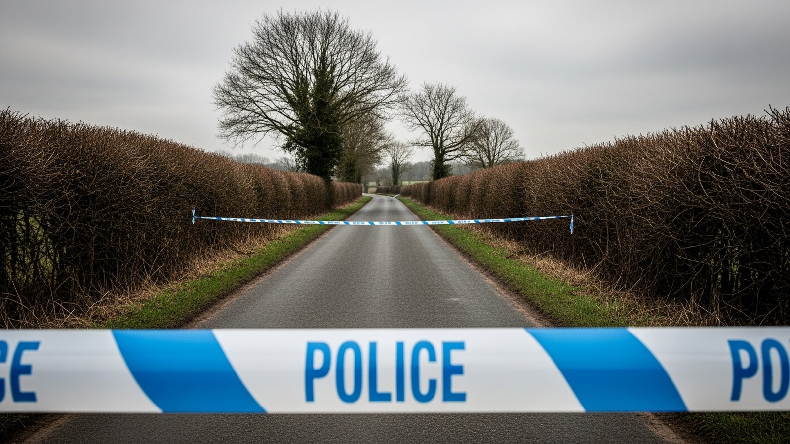 Illustrative image: police cordon tape across a rural English lane