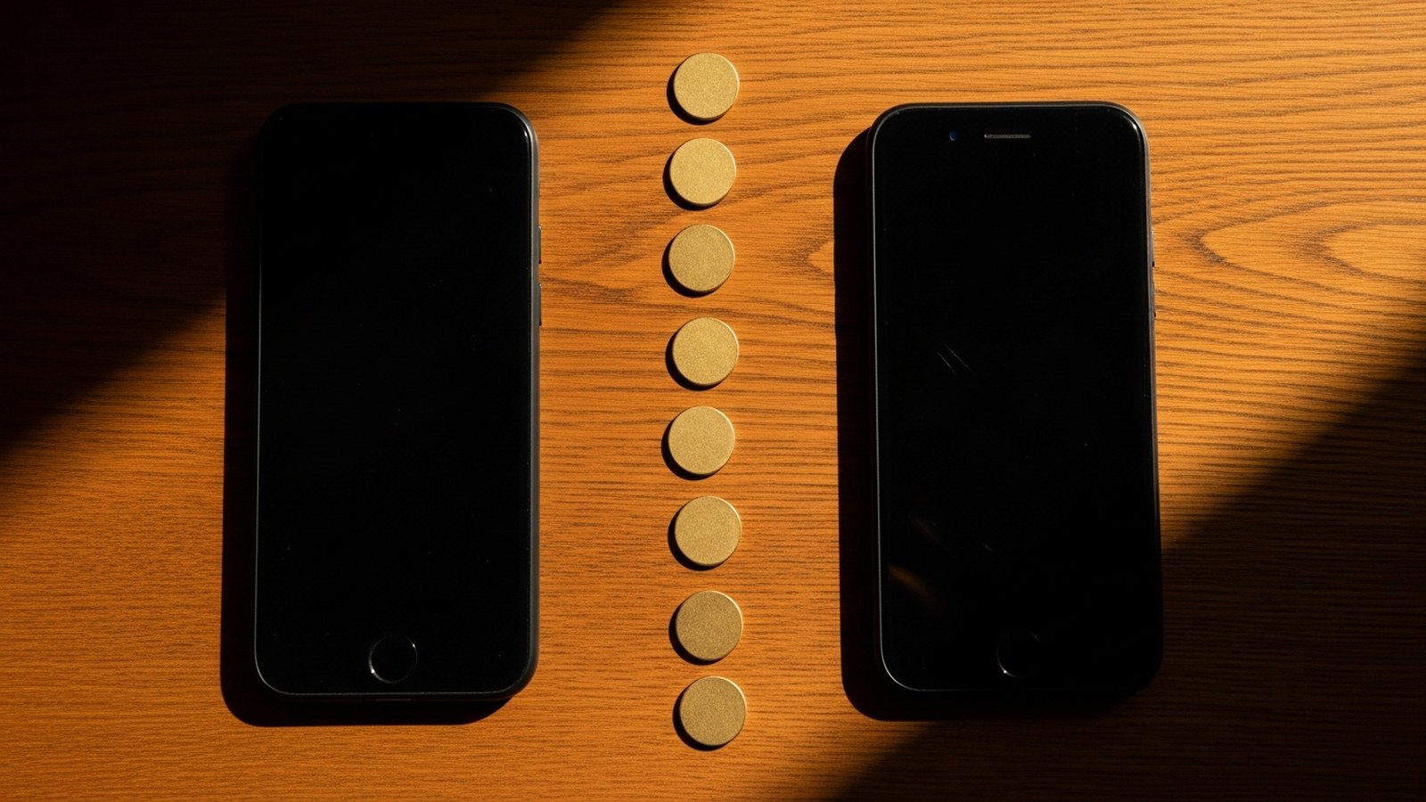Two face-down smartphones with a line of gold discs between them