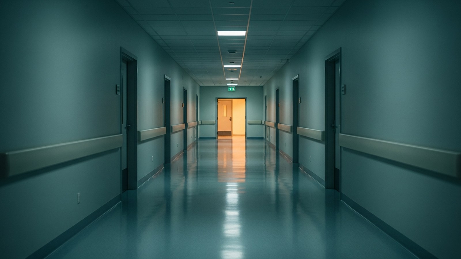 An empty hospital corridor at night with one lit doorway